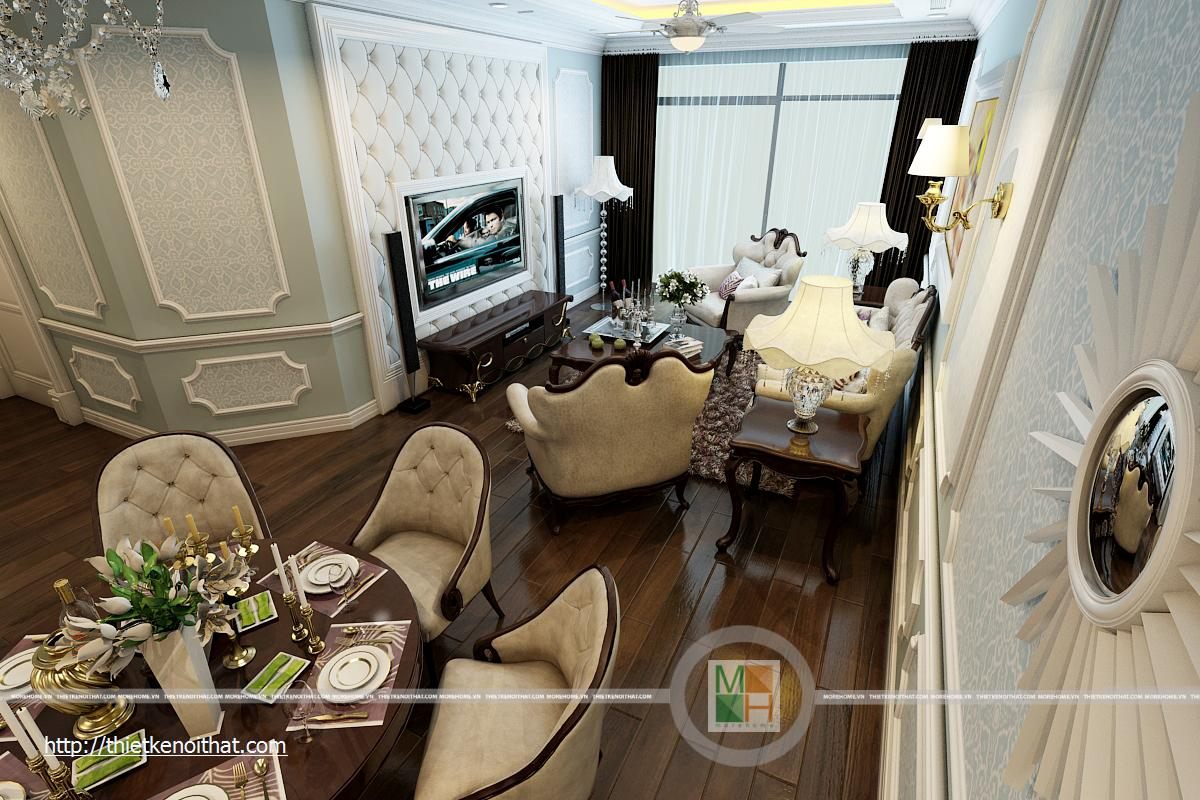 Thiết kế nội thất phòng khách phong cách tân cổ điển chung cư RoyalCity Thanh Xuân Hà Nội